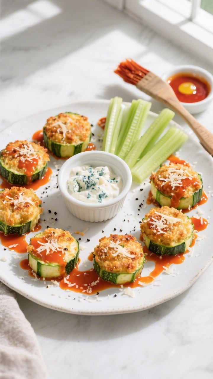 Overhead “tasty top view” of a platter of plated Keto Zucchini Buffalo Bites arranged in a loose