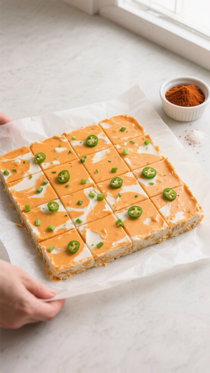 Overhead “tasty top view” of an 8x8 slab being lifted out by parchment overhang, showing the eve