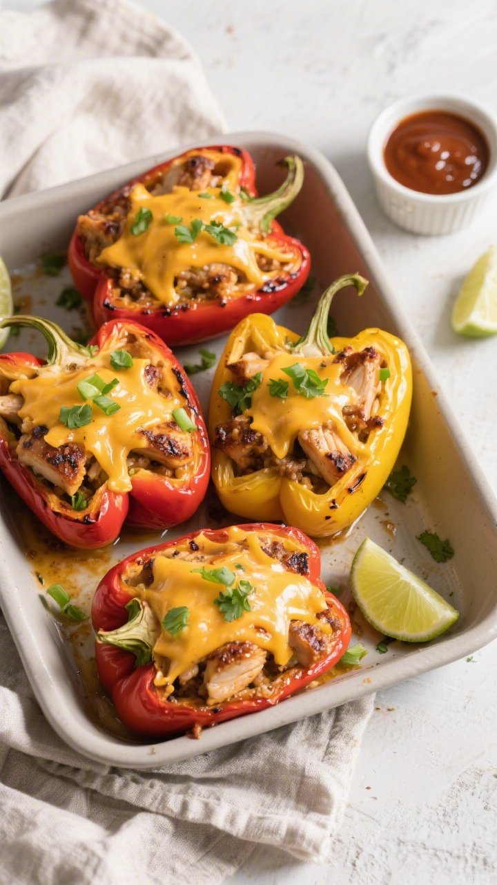 Overhead “tasty top view” of four Keto BBQ Chicken Stuffed Pepper halves nestled in a 9x13 bakin