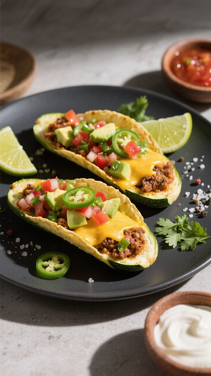 Overhead “tasty top view” of fully dressed Keto Zucchini Taco Boats on a dark matte platter: eac