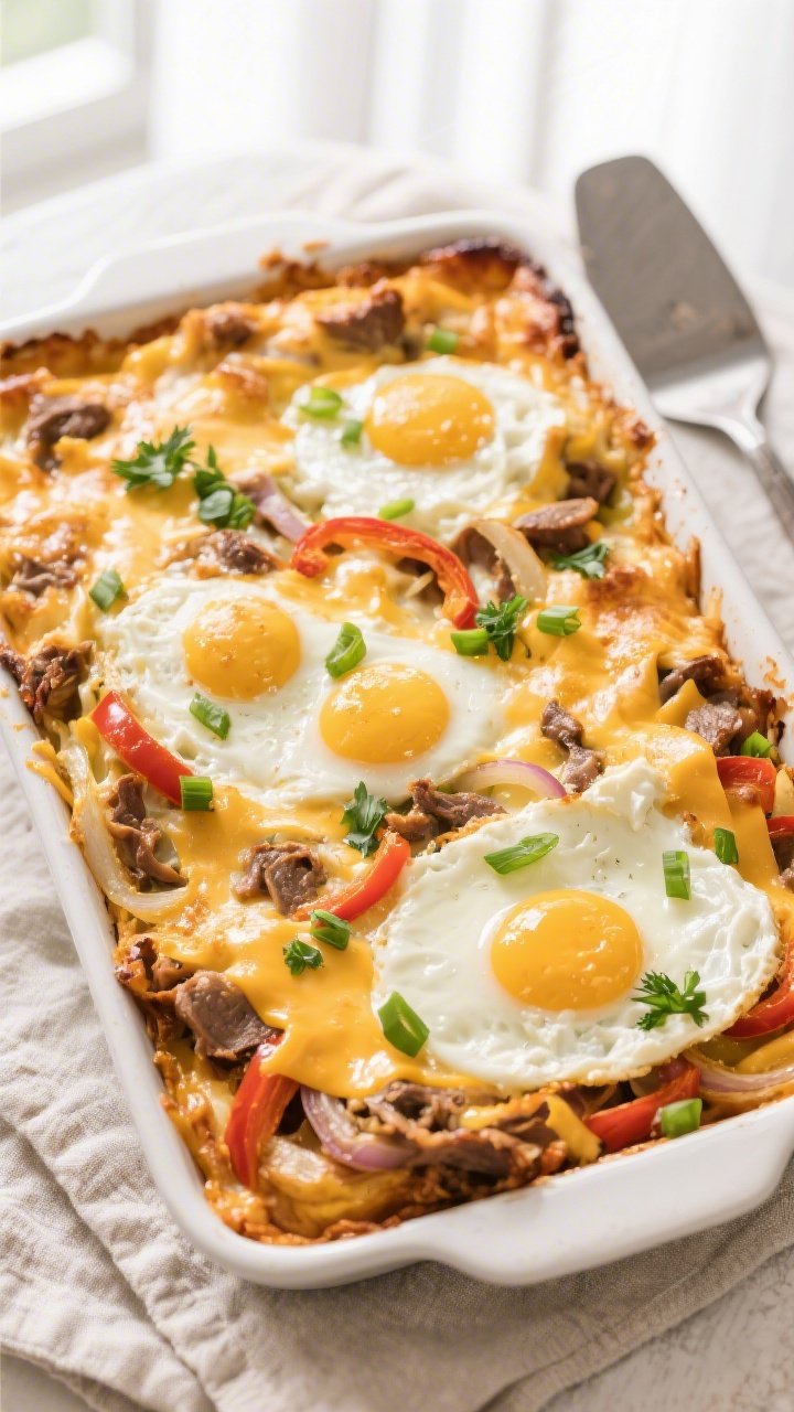 Overhead, tasty top view of the baked casserole: 9x13-inch golden-topped Keto Philly Cheesesteak Egg