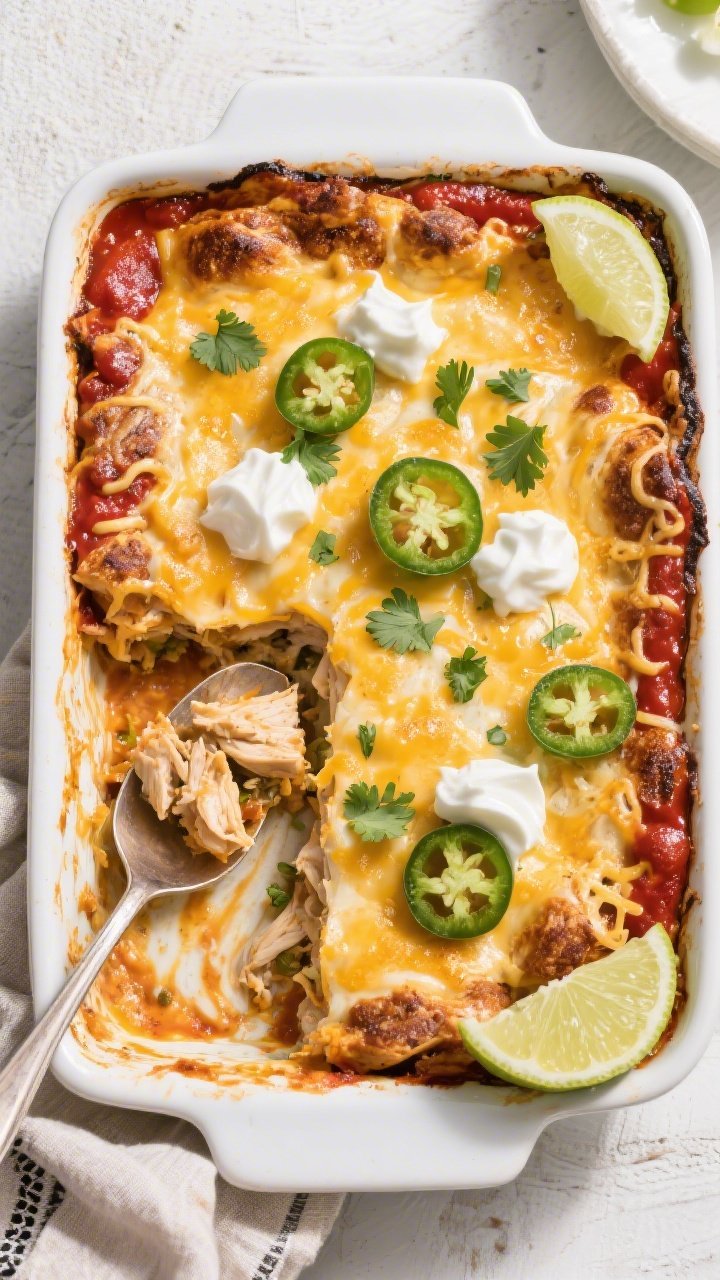 Overhead “tasty top view” of the baked Keto Chicken Enchilada Casserole just out of the oven: go
