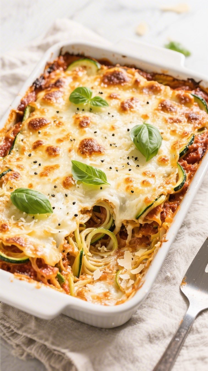 Overhead “tasty top view” of the baked Keto Zoodle Lasagna Casserole just out of the oven: golde