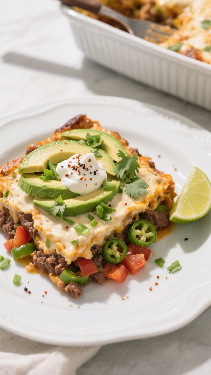 Overhead “tasty top view” of the casserole portioned and plated as a final dish: a generous squa