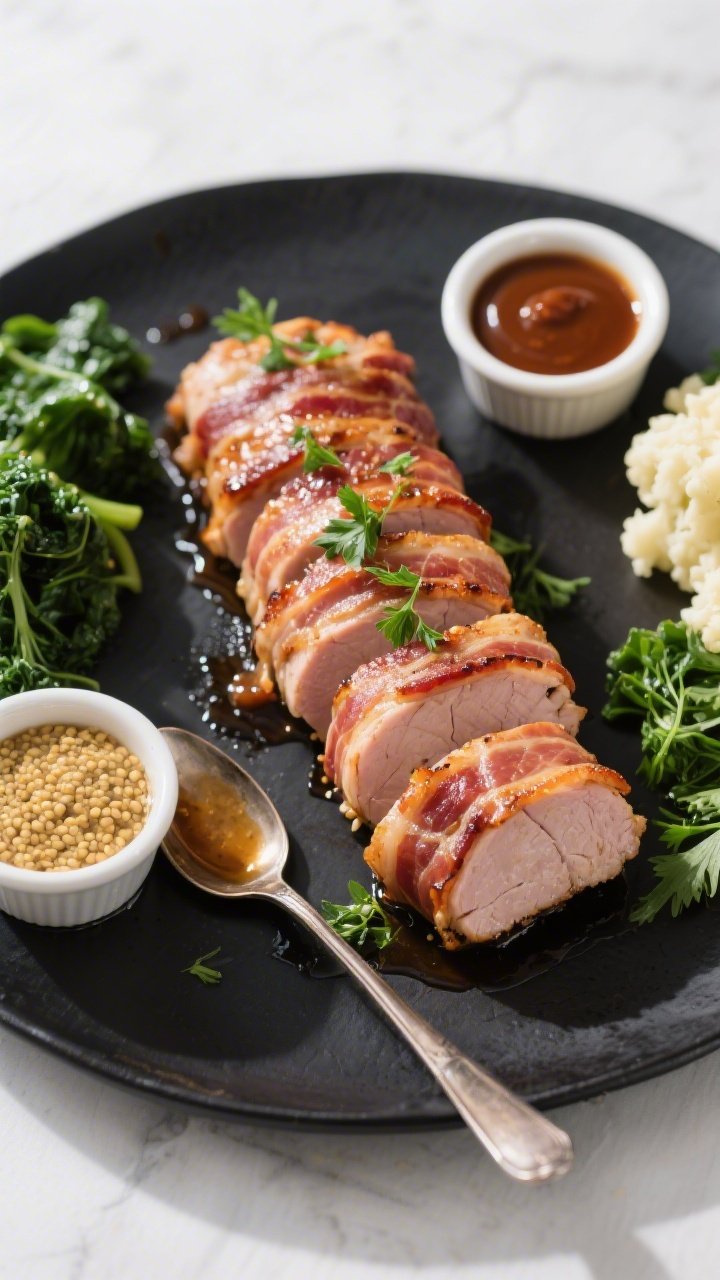 Overhead “tasty top view” of the finished bacon-wrapped pork tenderloin arranged in neat 1-inch 