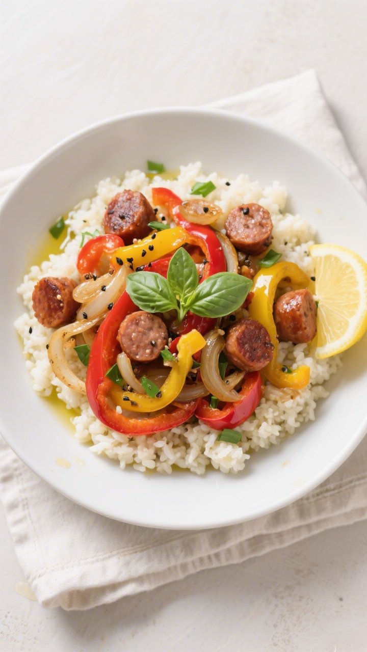 Overhead “tasty top view” of the finished Keto Italian Sausage and Peppers served over fluffy ca