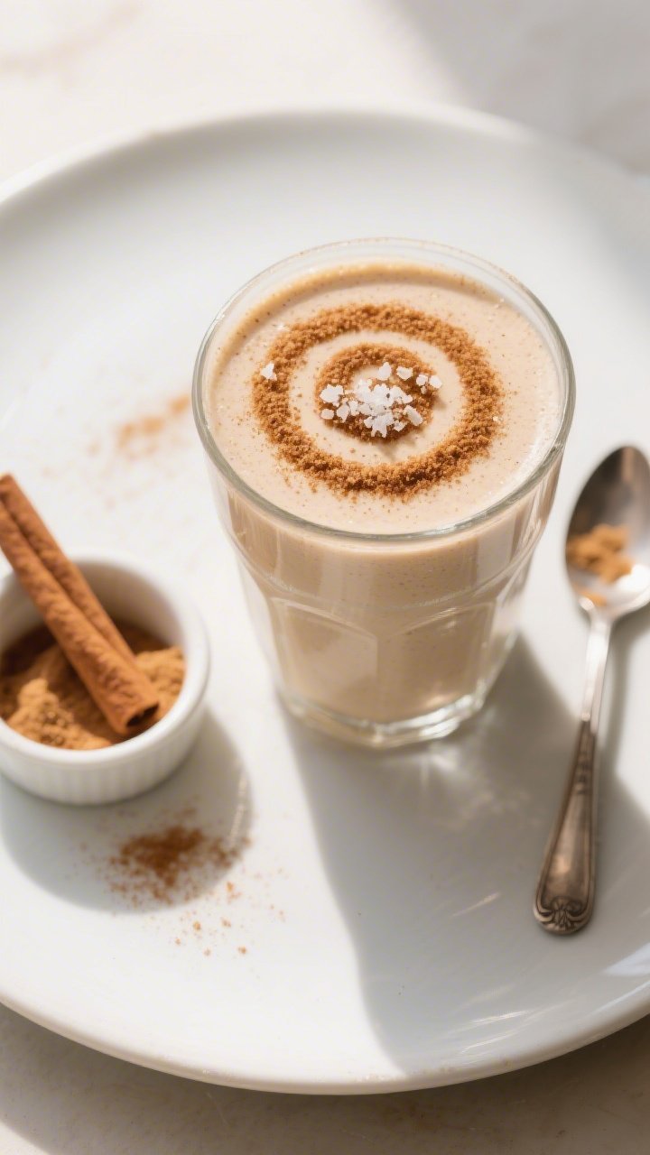 Overhead “tasty top view” of the finished Snickerdoodle Keto Protein Smoothie in a frosted glass