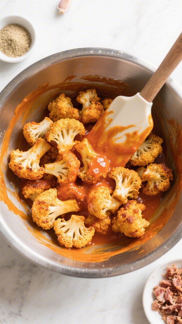 Overhead “tasty top view” of the tossing stage: golden-brown, oven-crisped cauliflower bites in 
