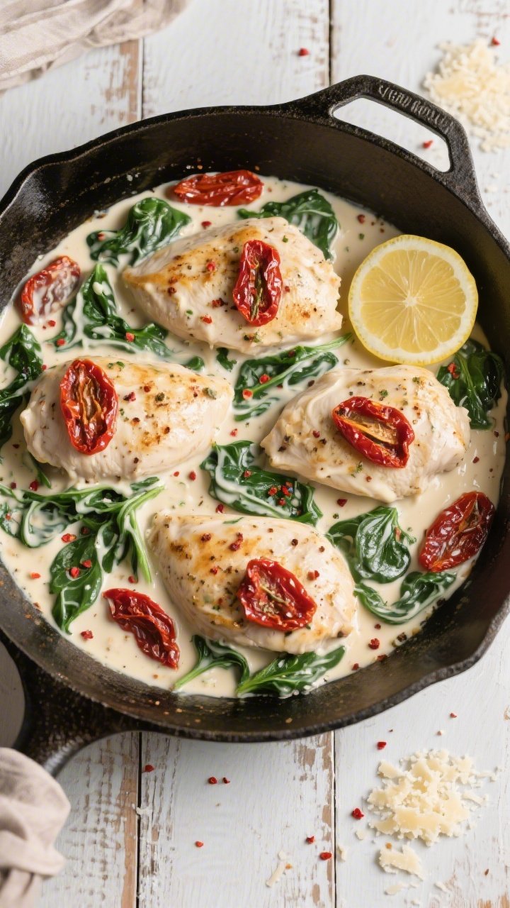 Overhead “tasty top view”: One-pan Keto Creamy Tuscan Chicken in a large skillet, top-down compo