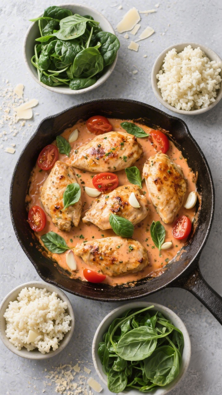 Overhead tasty top view: One-pan skillet presentation of Creamy Tomato Basil Chicken surrounded by l