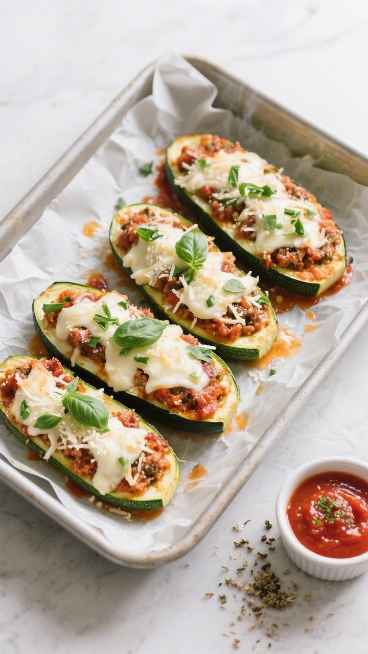 Overhead “tasty top view” shot: Four stuffed zucchini boats arranged snugly in a parchment-lined
