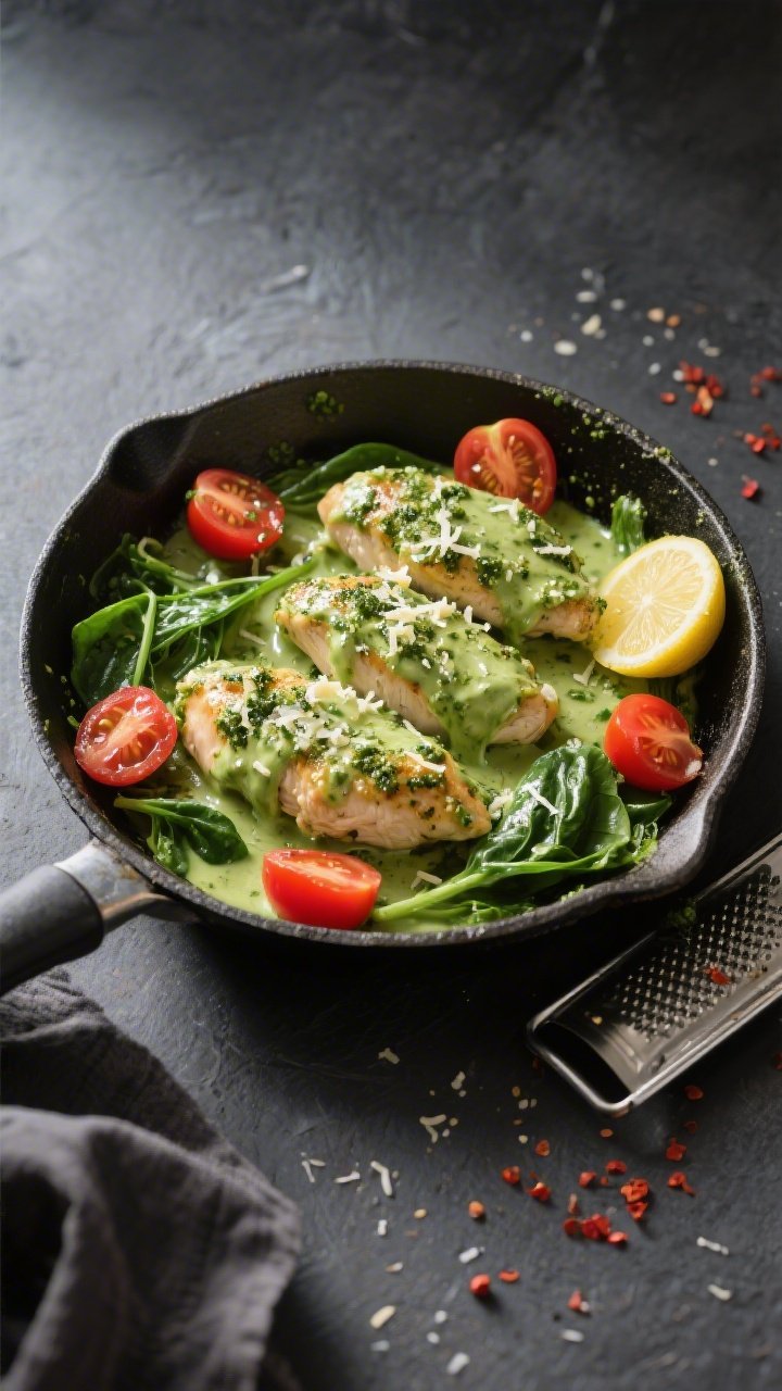 Overhead “tasty top view” shot: One-pan Keto Creamy Pesto Chicken presented in the skillet from 