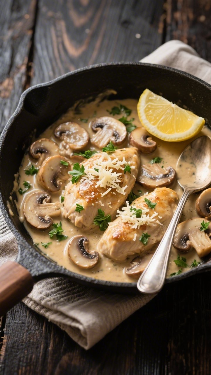 Overhead tasty top view: Skillet of finished creamy mushroom chicken viewed from above—thick, redu