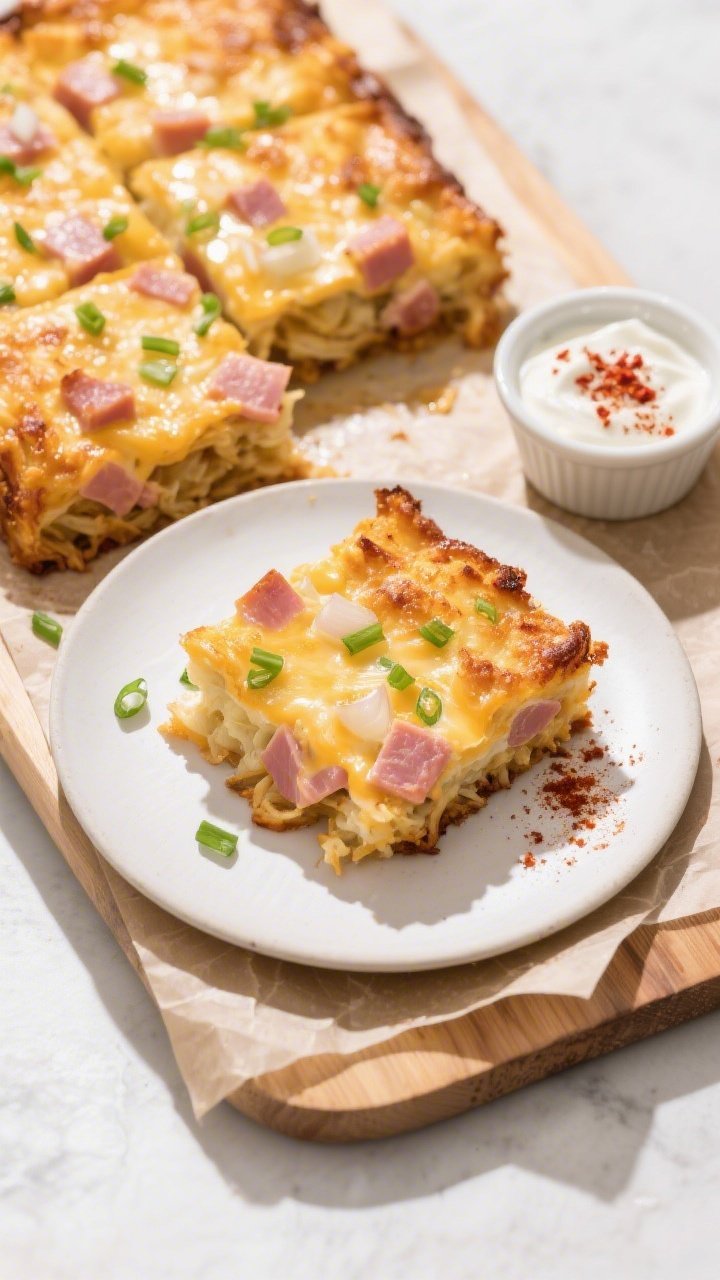 Overhead tasty top view: Sliced squares of Keto Ham & Cheese Hashbrown Casserole arranged on a parch