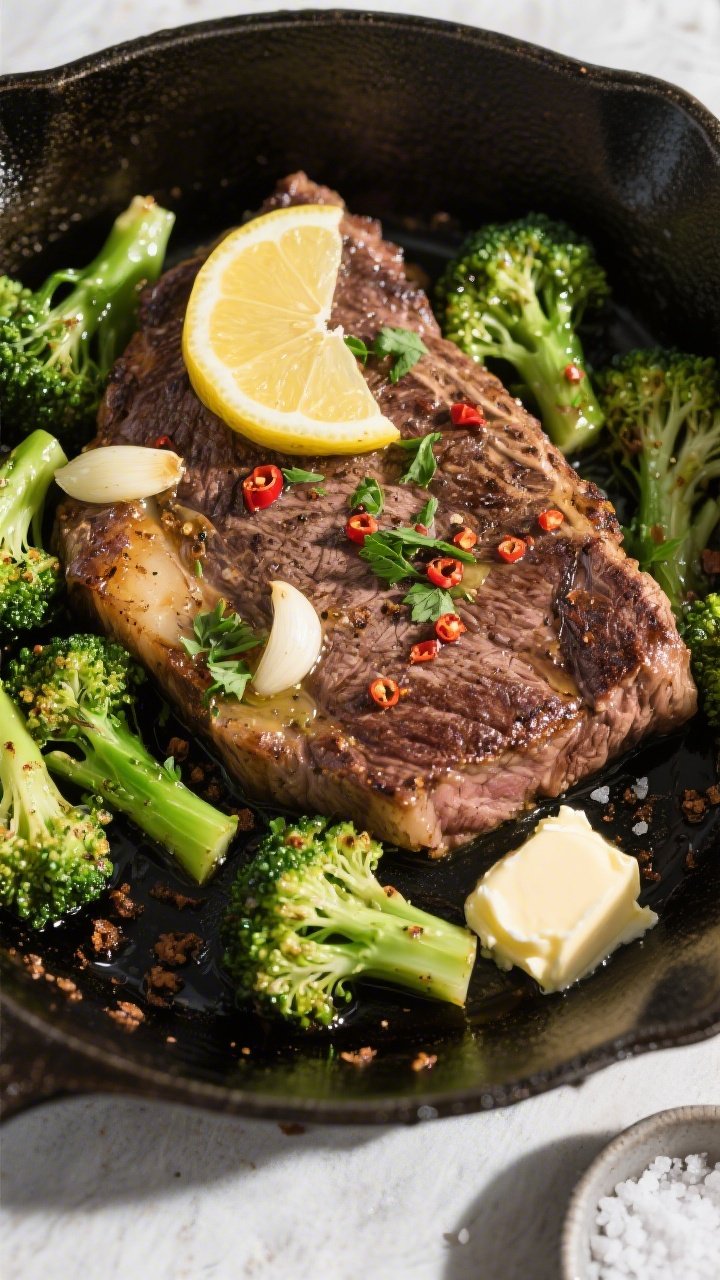 Overhead tasty top view: Top-down shot of a one-pan finish—steak and broccoli tossed together in g