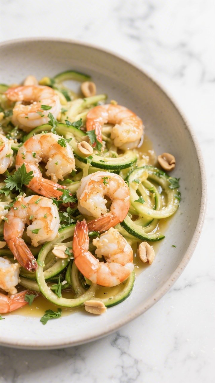Overhead tasty top view: Top-down shot of a shallow serving bowl filled with garlic butter shrimp an