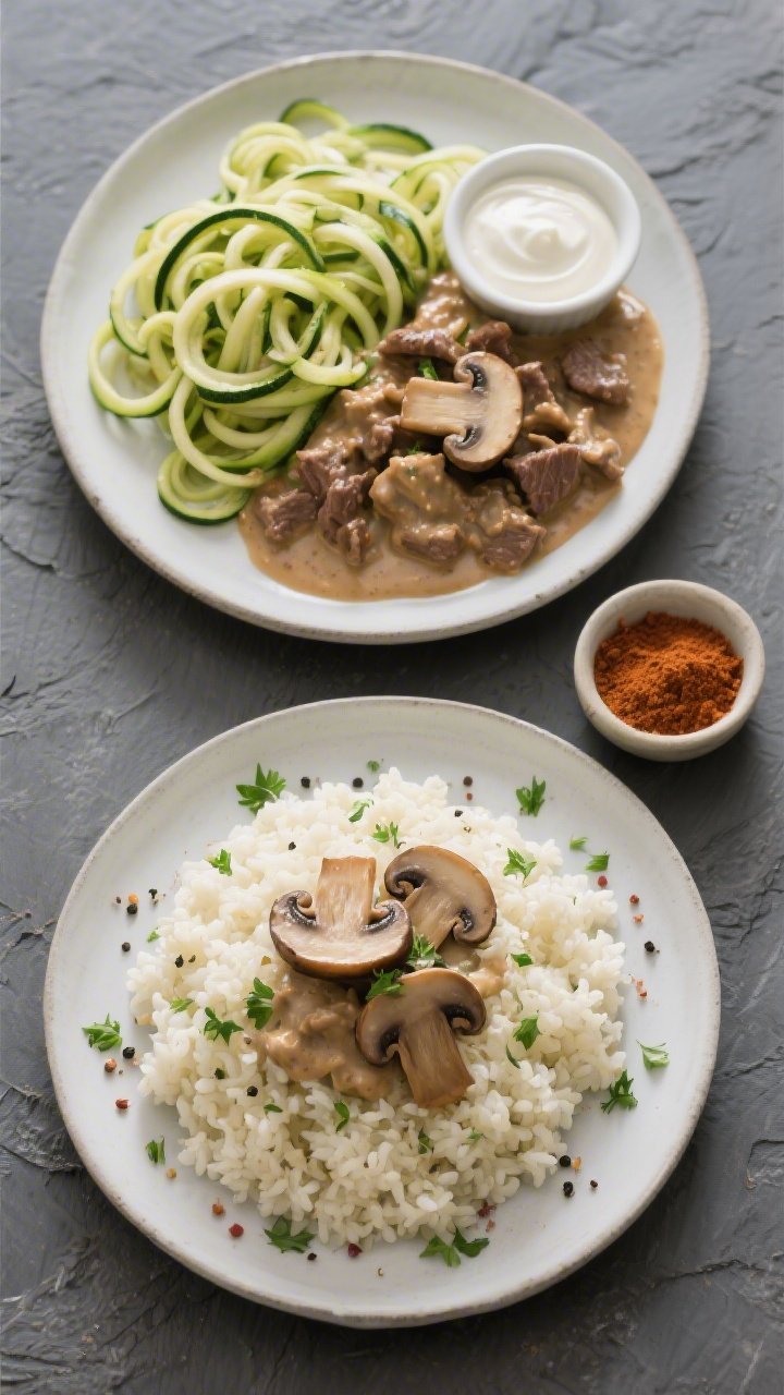 Overhead tasty top view: Top-down shot of stroganoff served two ways for variety—half the frame sh