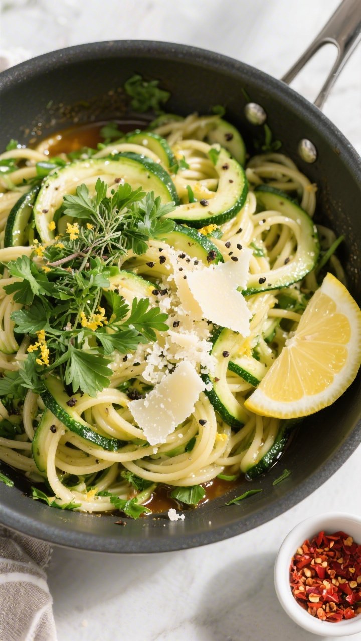 Overhead “tasty top view”: Top-down shot of the finished zucchini pasta in a large skillet just 