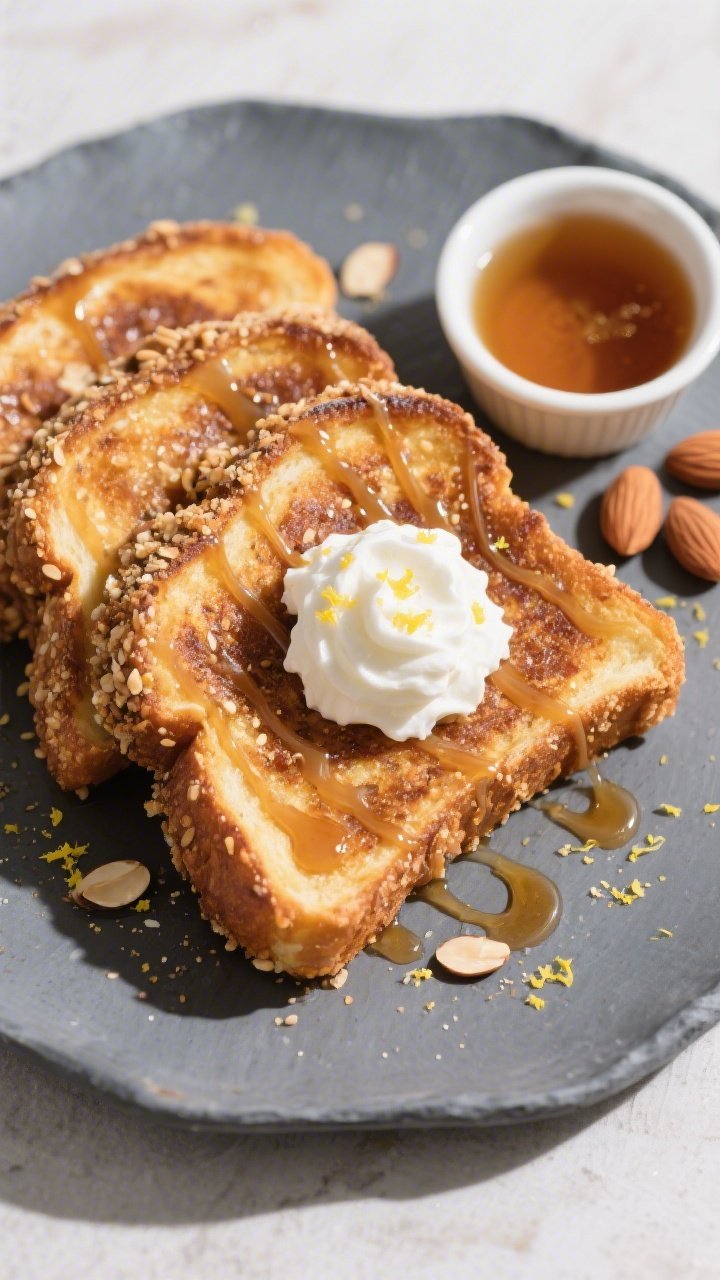 Overhead “tasty top view” variation: Almond-crusted Keto French Toast arranged on a slate-gray p