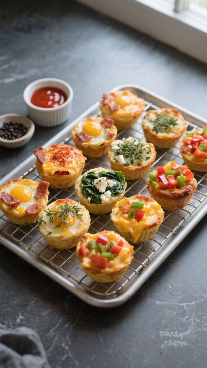 Overhead “tasty top view” variety tray: A cooling rack with an assortment of finished keto egg m