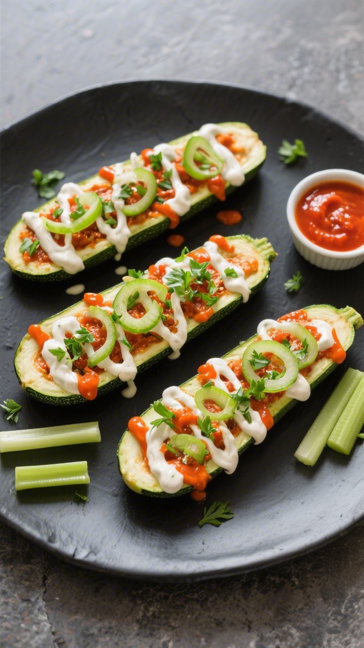 Overhead top-down final presentation: four zucchini boats arranged neatly on a matte black platter, 