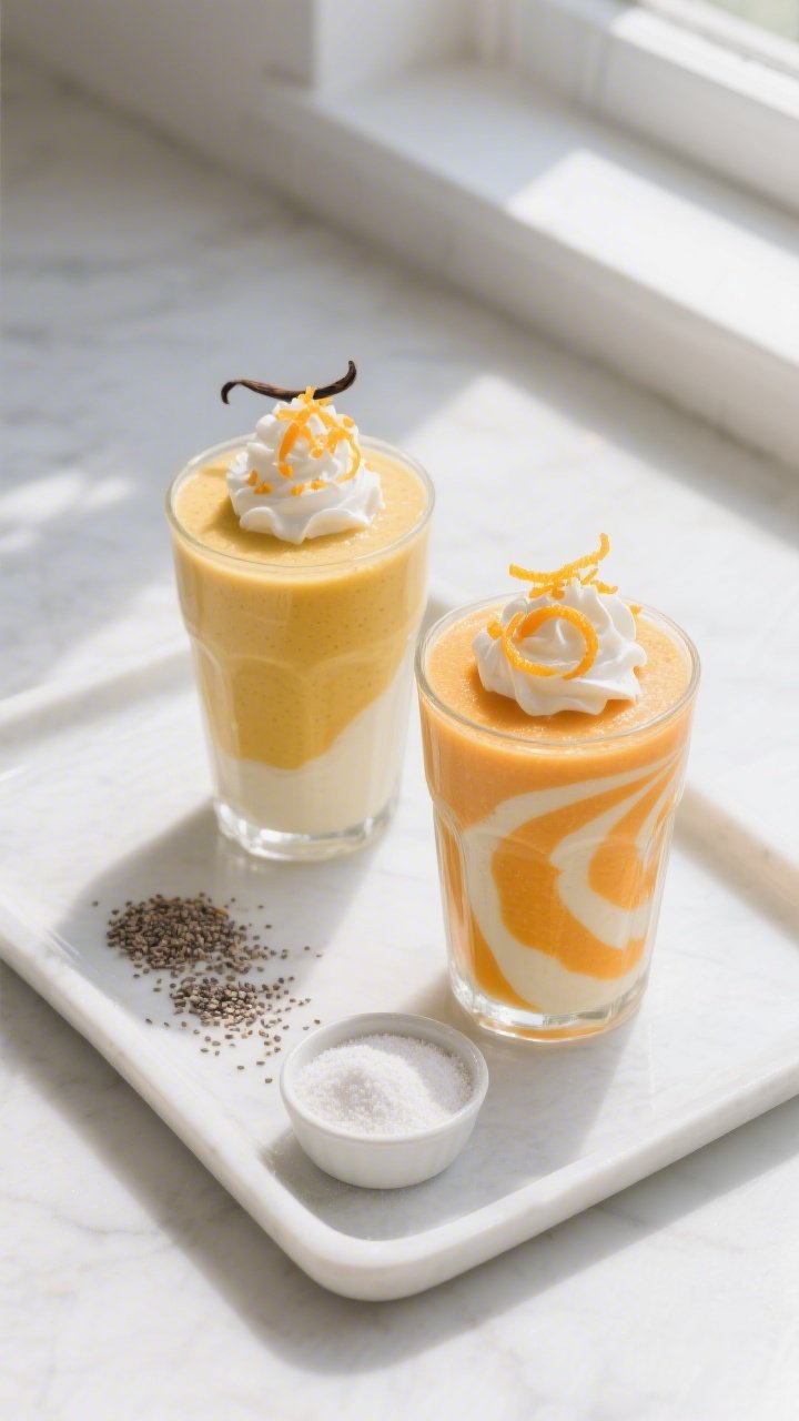 Overhead top-down shot of the final plated smoothie: two glasses of Orange Creamsicle Keto Protein S