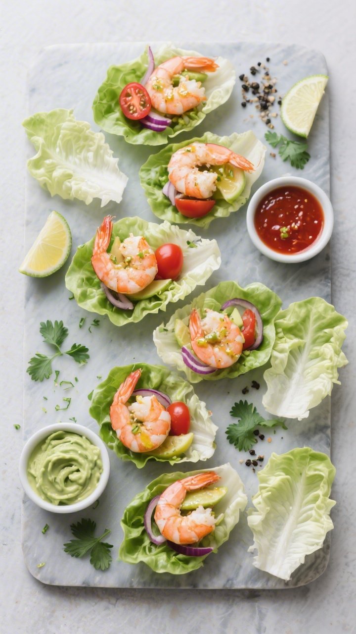Overhead top-down: Tasty top view of a DIY assembly board—several assembled shrimp lettuce boats a