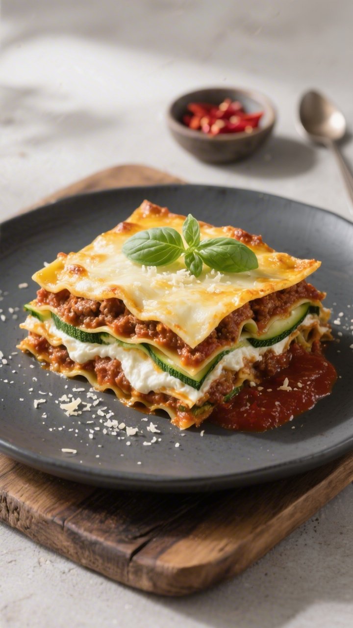 Overhead top-view of a neatly sliced portion of Keto Zucchini Lasagna plated: tight, tidy layers of