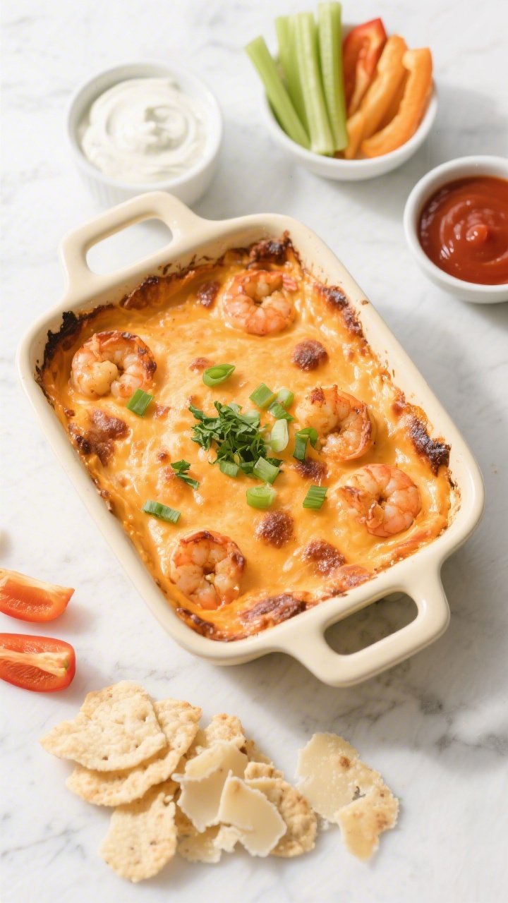 Overhead top-view, party-ready spread: Tasty top-down shot of the baked Keto Buffalo Shrimp Dip in a