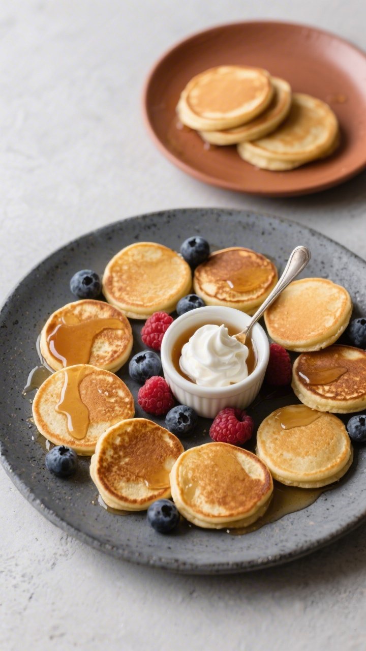 Overhead top-view serving scene: Multiple small, evenly sized keto pancakes arranged on a charcoal-g