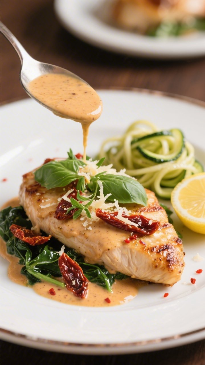 Plated presentation close-up: Single portion of creamy sun-dried tomato chicken plated on a white ri