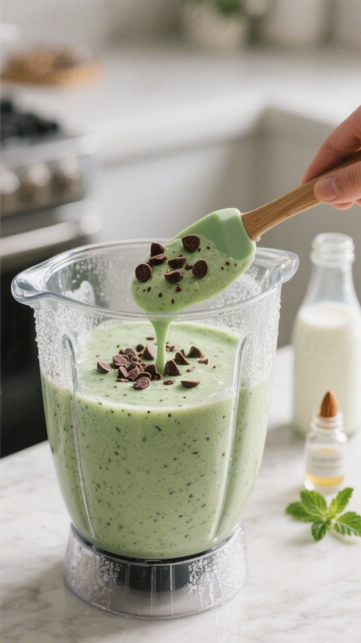 Process action: The finished smoothie in a high-speed blender just after blending, with the lid off 