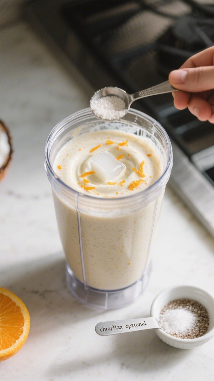 Process-in-action shot: the smoothie mid-blend in a glass blender jar on a clean counter, showing th