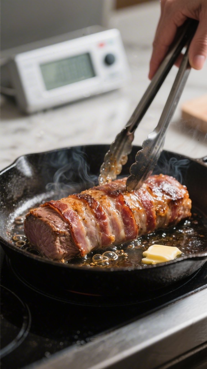 Process shot in a professional, clean kitchen setting: the bacon-wrapped tenderloin searing in an ov