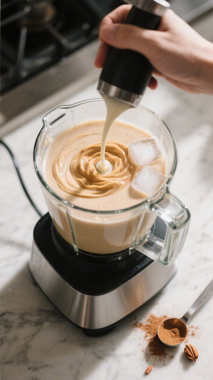 Process shot: the smoothie mid-blend in a high-speed blender, liquids added first and ice visible, w