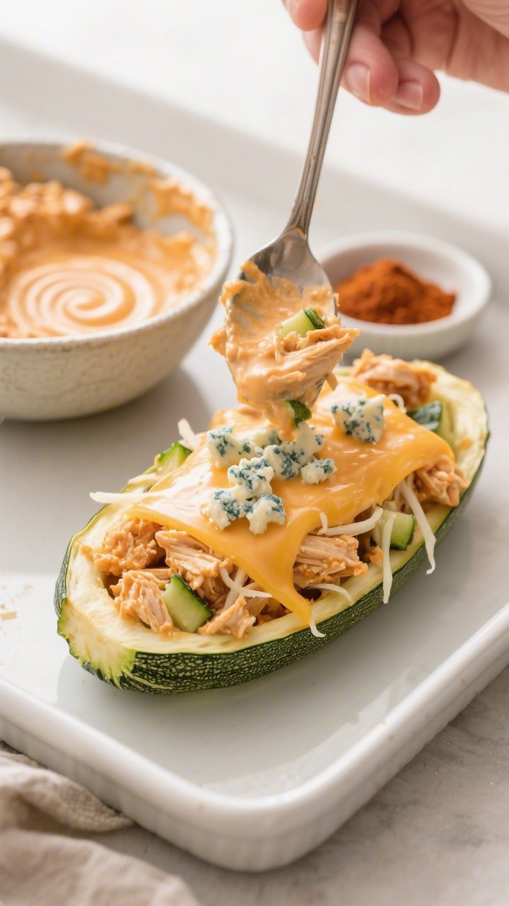 Process shot, three-quarter angle: pre-baked zucchini shells being generously filled with the creamy