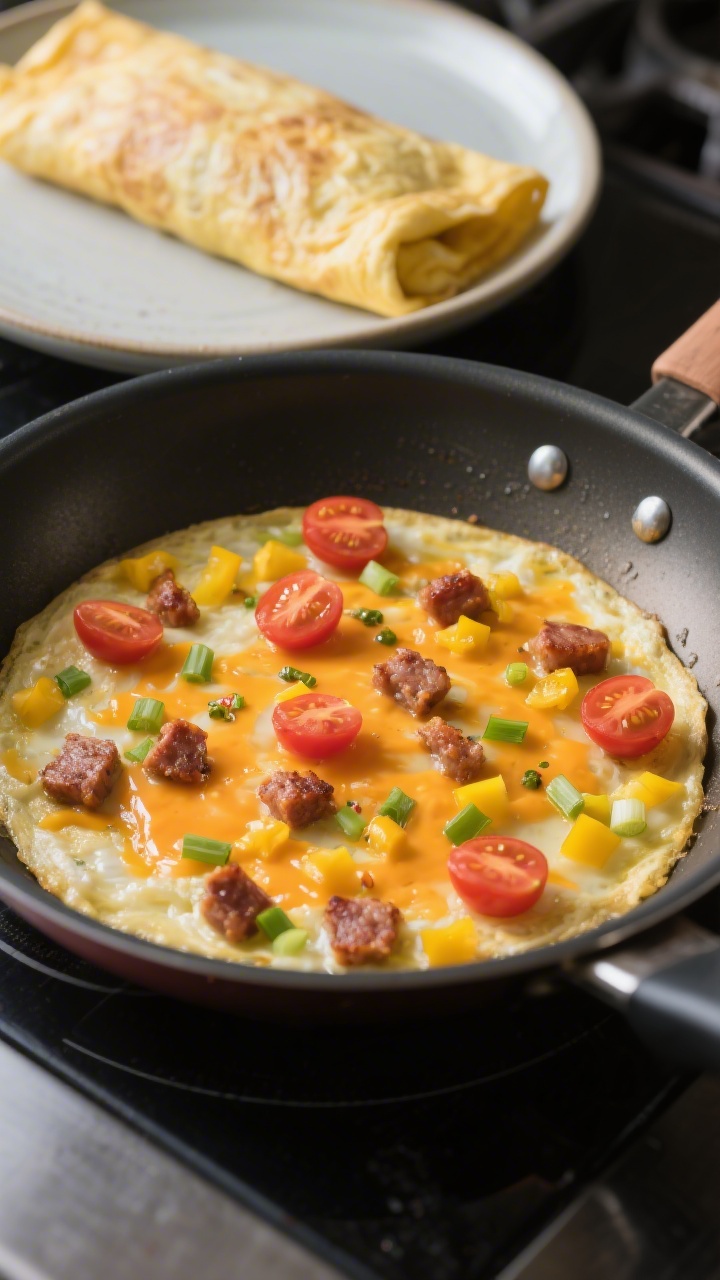 Process-to-plated transition: A just-cooked omelet sheet in a 10–12 inch nonstick skillet with a t
