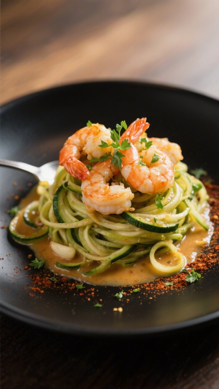 Restaurant-quality final plate: Elegantly plated Keto Lemon Garlic Shrimp with sautéed zucchini noo