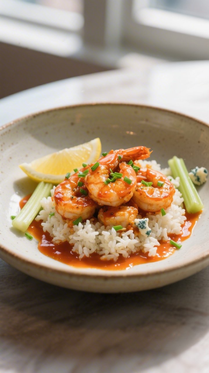 Restaurant-quality plated entrée: Beautifully plated buffalo garlic shrimp over fluffy cauliflower 