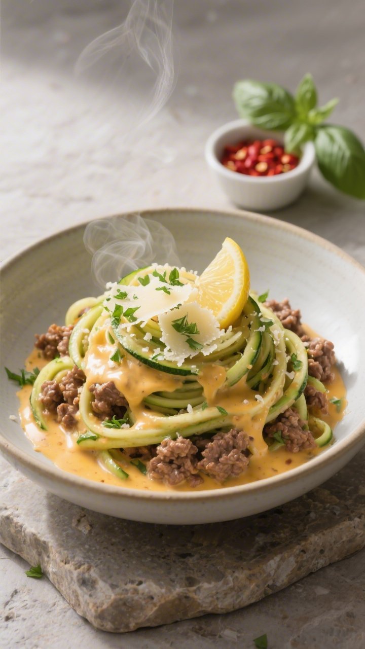 Restaurant-quality plated presentation: Elegant bowl of keto ground beef zoodles, neatly twirled int
