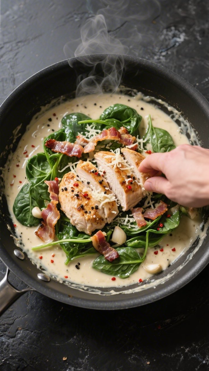 Sauce-building action: Overhead shot of a creamy garlic-Parmesan sauce gently simmering in the same 