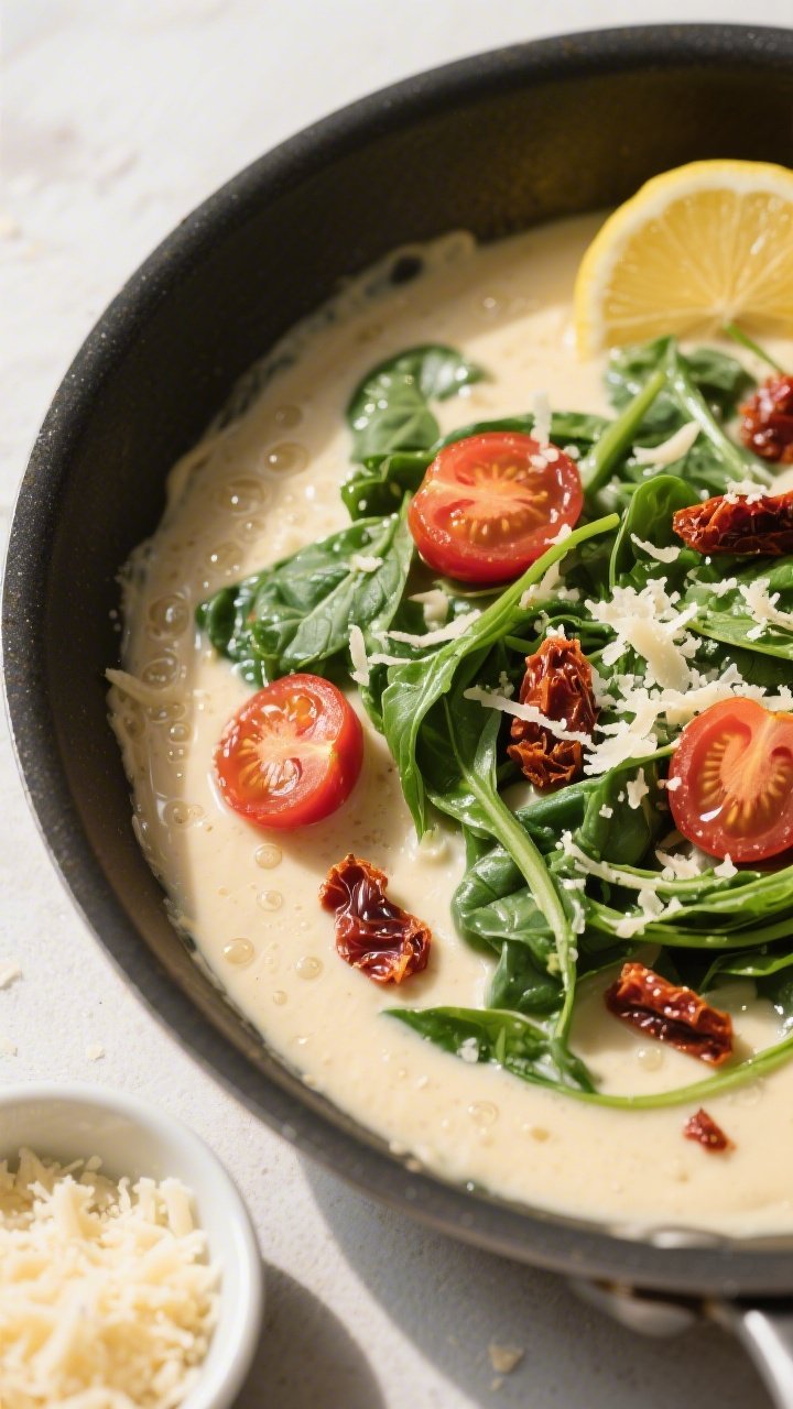 Sauce-building detail: Overhead shot of the creamy Parmesan Tuscan sauce at a gentle simmer in a wid