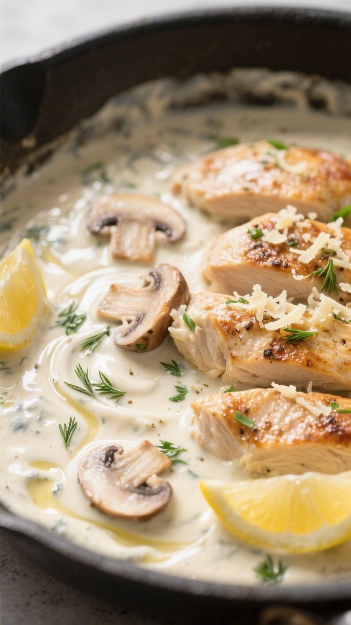 Sauce detail, macro close-up: Silky keto ranch cream sauce gently bubbling in the skillet with slice