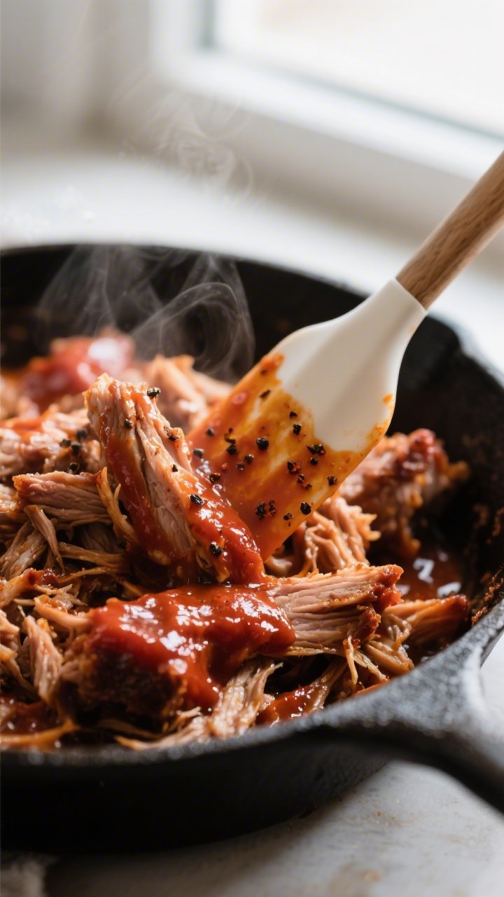 Saucing detail shot: Close-up of saucy keto BBQ pulled pork in a cast-iron skillet, glossy tomato-ba
