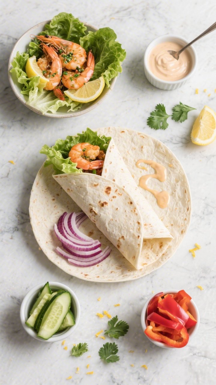 Tasty overhead composition: Top-down shot of a build-your-own wrap spread—neatly arranged lettuce 