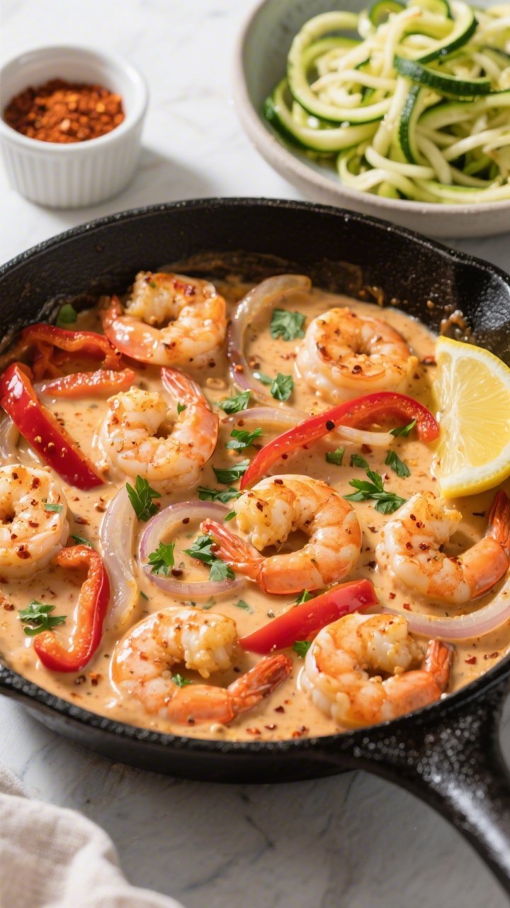 Tasty overhead shot, family-style: of the finished creamy Cajun shrimp in a black skillet, plump shr