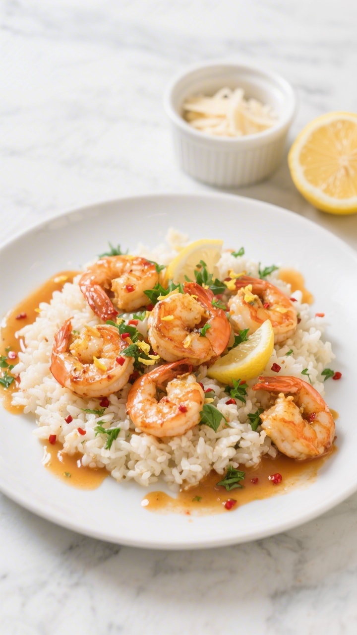 Tasty : Overhead shot of shrimp scampi served on cauliflower rice, showing even distribution of succ