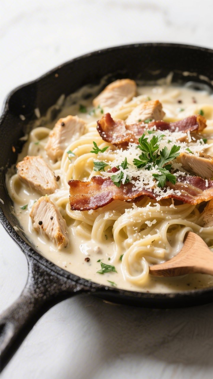 Tasty overhead skillet view: Top-down shot of the finished creamy Chicken Bacon Alfredo in a black s