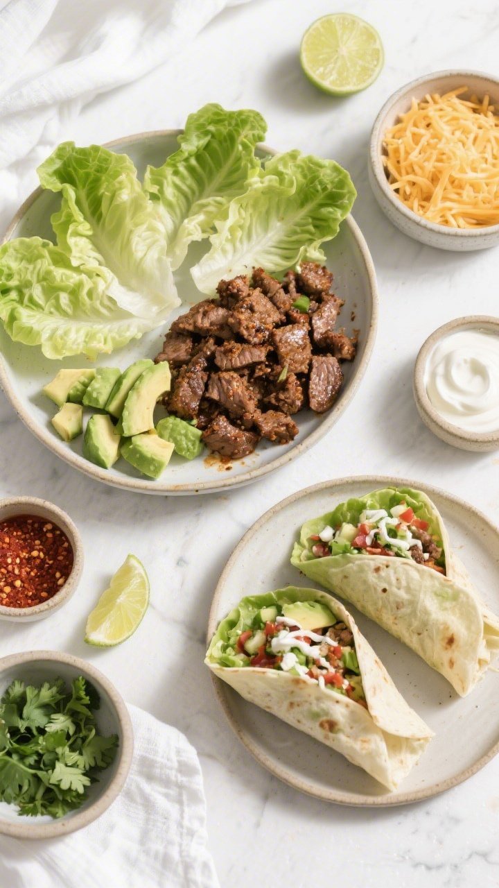 Tasty overhead spread: Top-down shot of a build-your-own lettuce wrap setup—neatly arranged butter