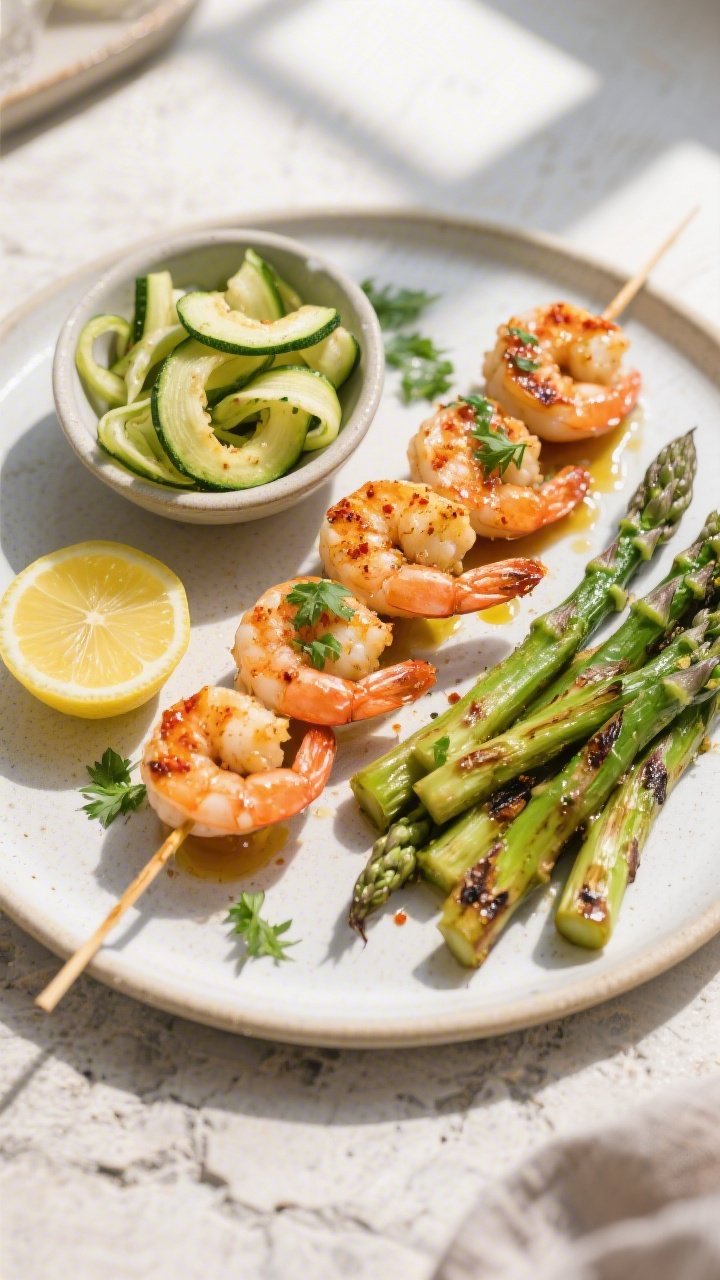 Tasty overhead top view: Overhead shot of shrimp skewers served with keto sides—grilled asparagus 